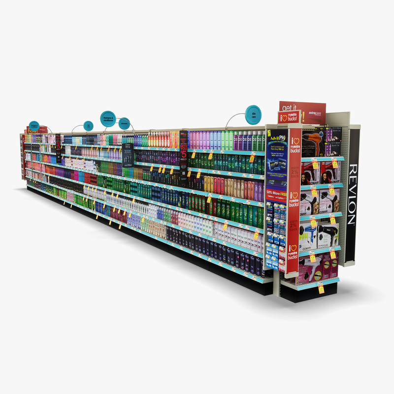 3D Model of Drug store aisle featuring Shampoo & Beauty products - 3D Render 3