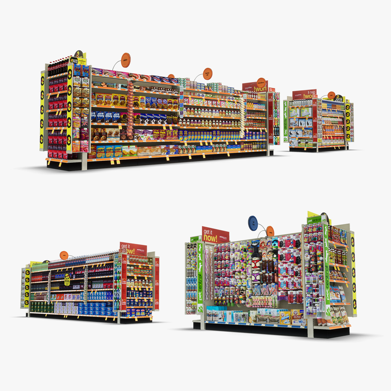 3D Model of Split drug store aisle featuring Pet & Snack products - 3D Render 0