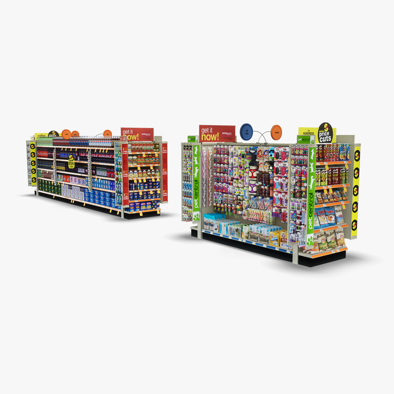 3D Model of Split drug store aisle featuring Pet & Snack products - 3D Render 1