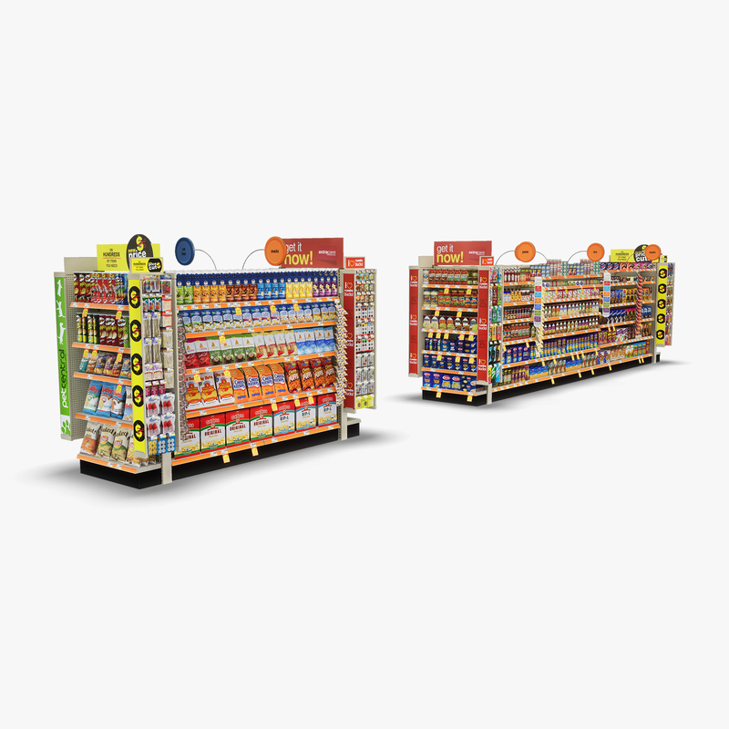 3D Model of Split drug store aisle featuring Pet & Snack products - 3D Render 2