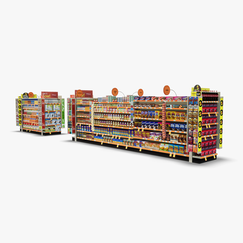 3D Model of Split drug store aisle featuring Pet & Snack products - 3D Render 3