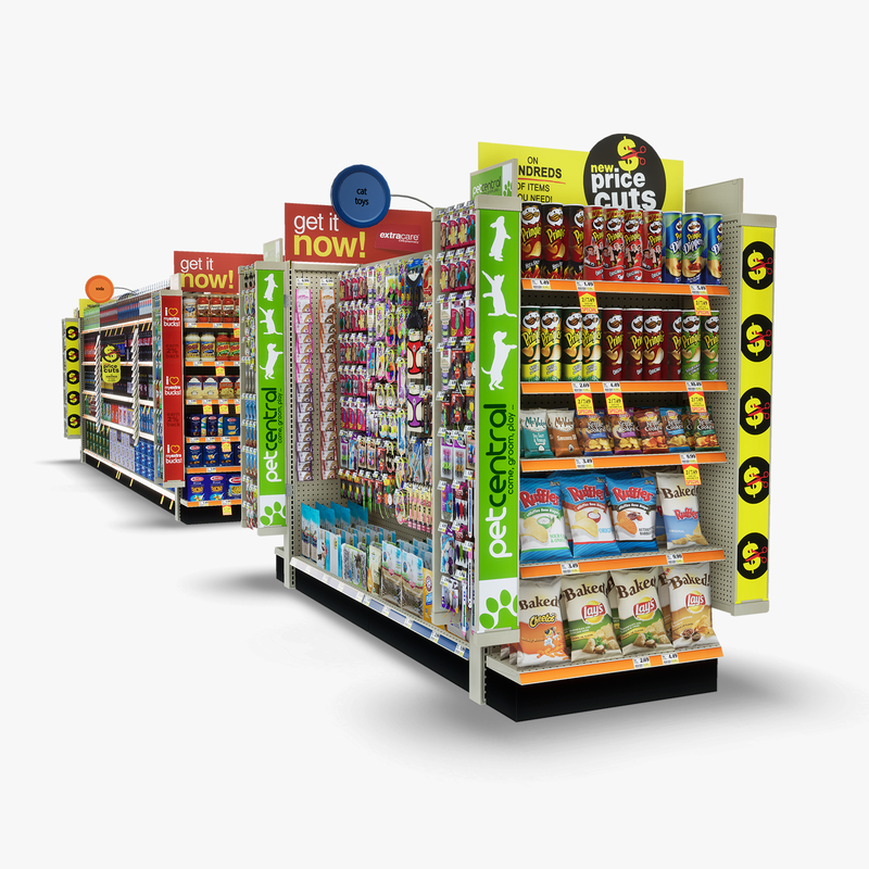 3D Model of Split drug store aisle featuring Pet & Snack products - 3D Render 5
