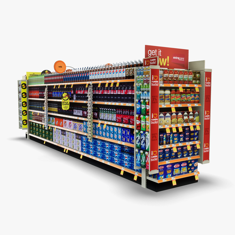 3D Model of Split drug store aisle featuring Pet & Snack products - 3D Render 6