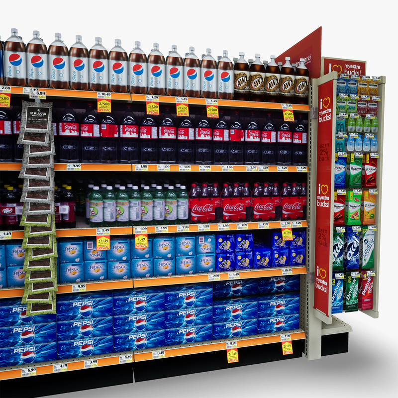 3D Model of Split drug store aisle featuring Pet & Snack products - 3D Render 10