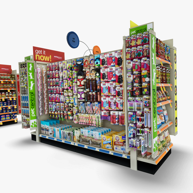 3D Model of Split drug store aisle featuring Pet & Snack products - 3D Render 11