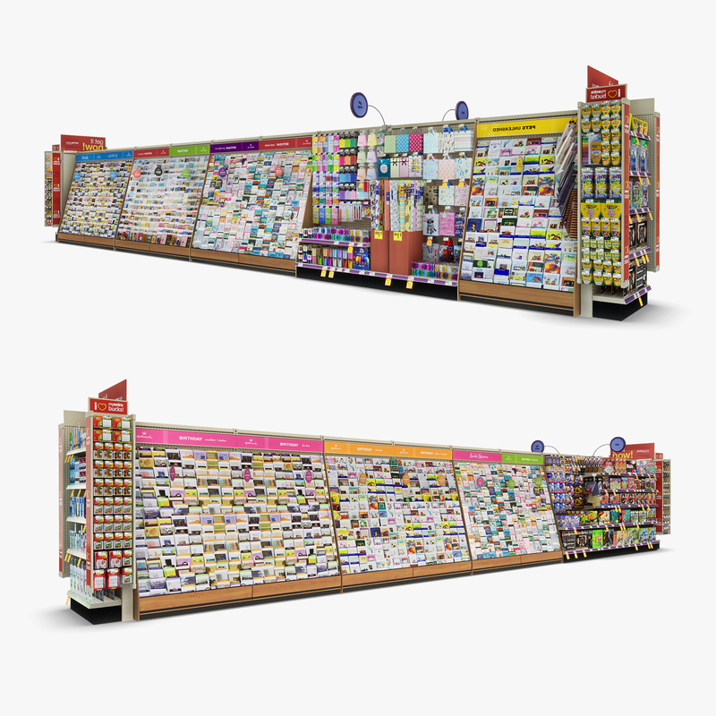 3D Model of Drug store aisle featuring Greeting Card & Toy products. - 3D Render 0