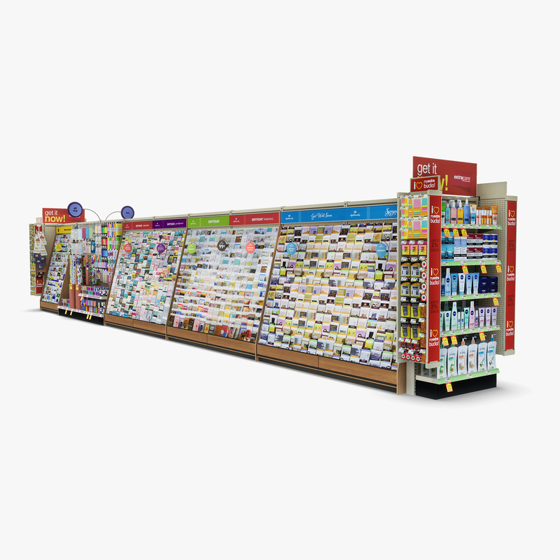 3D Model of Drug store aisle featuring Greeting Card & Toy products. - 3D Render 1