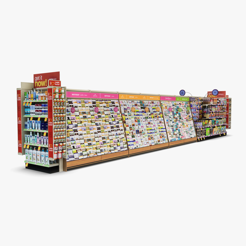 3D Model of Drug store aisle featuring Greeting Card & Toy products. - 3D Render 2