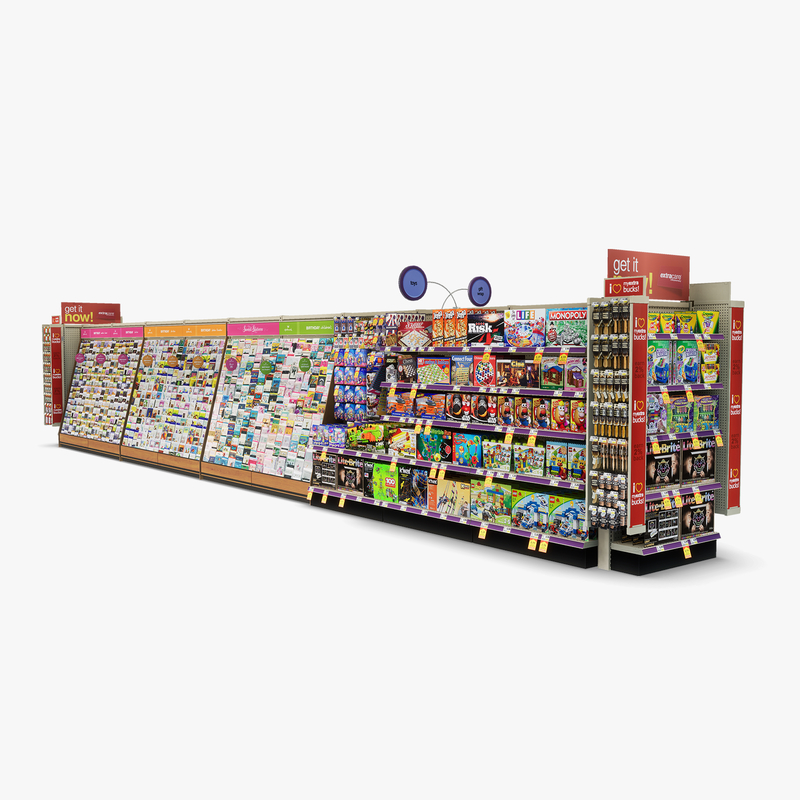 3D Model of Drug store aisle featuring Greeting Card & Toy products. - 3D Render 3