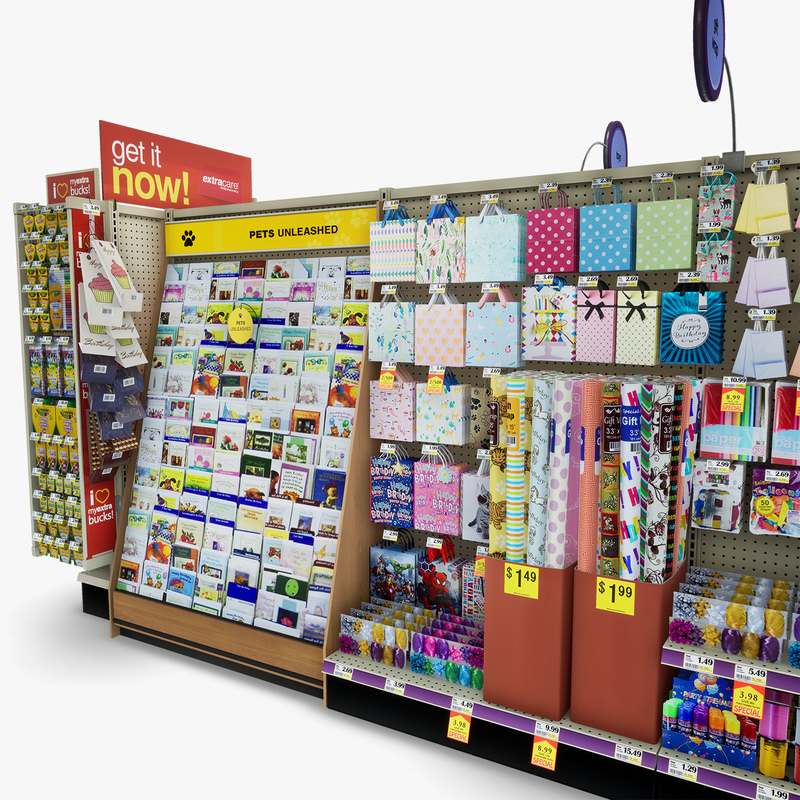 3D Model of Drug store aisle featuring Greeting Card & Toy products. - 3D Render 7