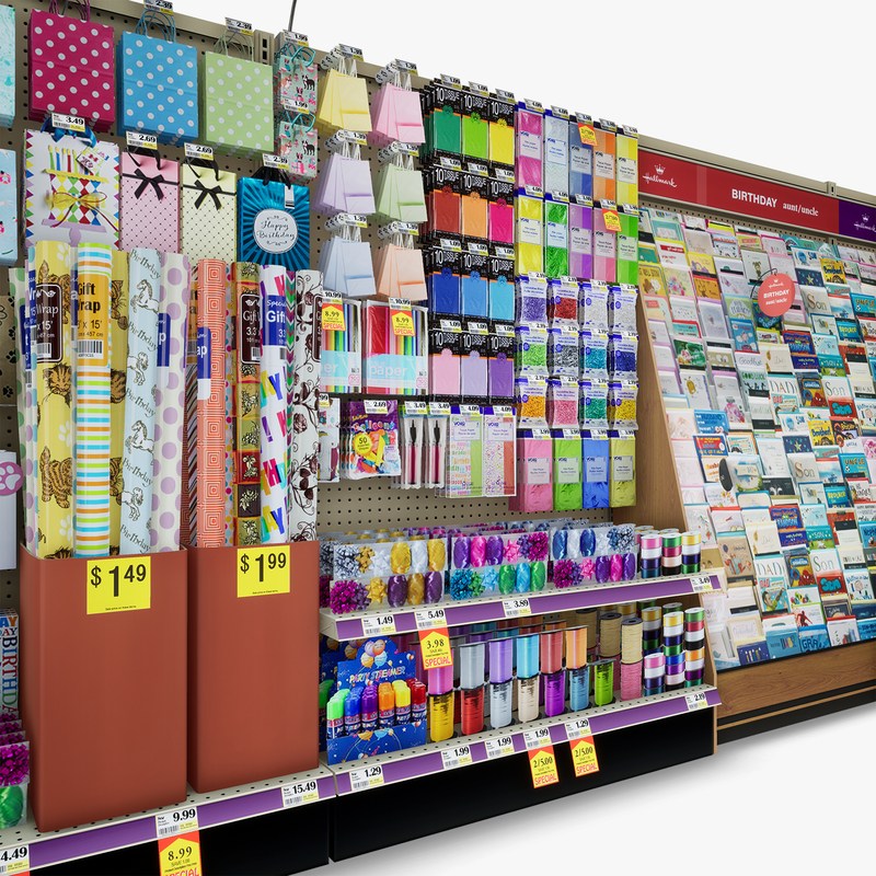 3D Model of Drug store aisle featuring Greeting Card & Toy products. - 3D Render 8