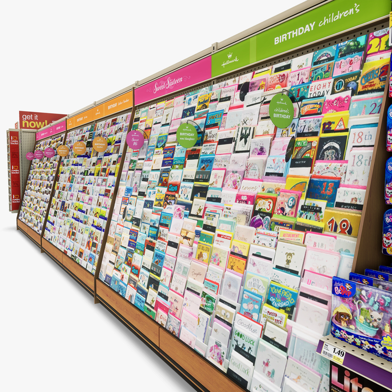 3D Model of Drug store aisle featuring Greeting Card & Toy products. - 3D Render 10